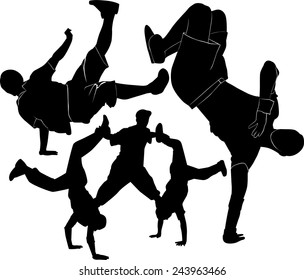 set of silhouettes of dancers breakdance dancer isolated on white background