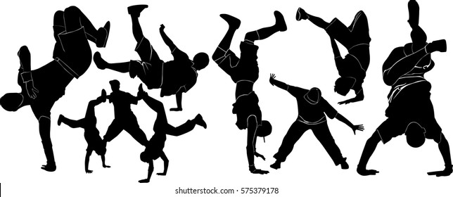 set of silhouettes of dancers breakdance dancer isolated on white background
