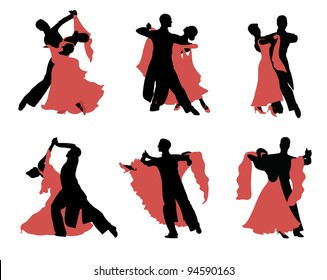 Set of  silhouettes of a dancing couple.