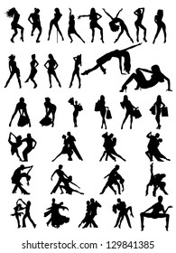 Set of silhouettes of  dancing couple and girls. Vector illustration