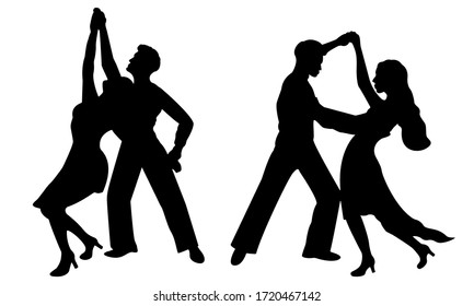 Set of silhouettes of dancing couples of people isolated on a white background. Vector illustration of ballroom or latin american dancers