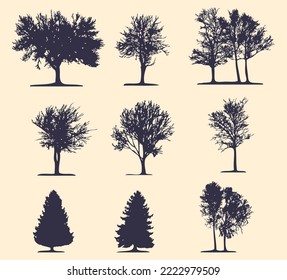 Set of silhouettes of deciduous and coniferous trees