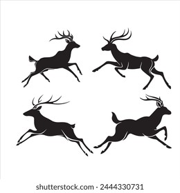 Set of Silhouettes of deer in different poses on a white background