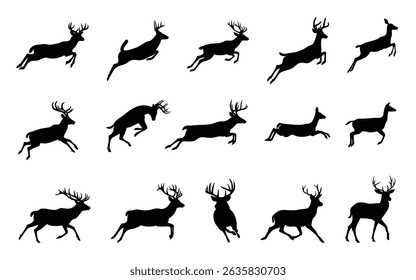 Conjunto de silhuetas de veado em poses de corrida e salto, isolado no fundo. Ilustração vetorial.