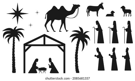 Set of silhouettes of the den. Baby Jesus in a manger, Mary, Joseph, shepherds, wise men, etc. The birth of Jesus Christ. Feast of Christmas. Holy night. Christmas vector illustration.