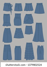 Set of silhouettes of denim skirts, different models for any season, isolated on grey background.