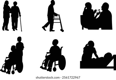 Set of silhouettes depicting nursing care and welfare