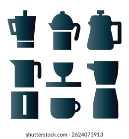 A set of silhouettes depicting various coffee brewing and serving equipment.