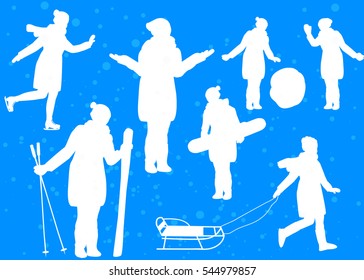 Set of silhouettes for design. The winter vacation. People with skiing, sledding, snowboarding, playing snowballs.