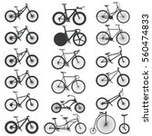 Set of silhouettes of different bikes for different riding styles in flat style. From classic and unicycle bike, to modern bike for downhill and triathlon. 