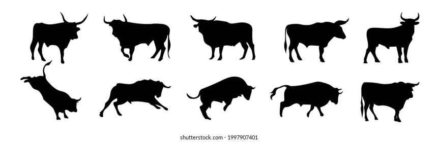 Satz von Silhouetten verschiedener Stier Posen. Nutztier. Vektorgrafik.