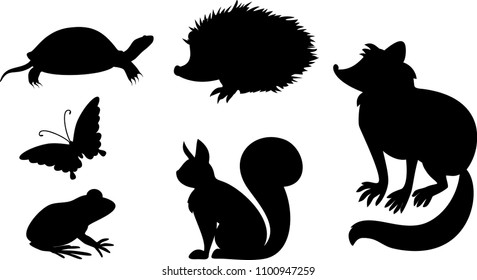 Set of silhouettes of different cartoon animals, inhabitants of the city park