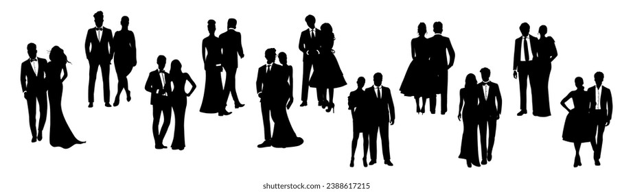 Set of silhouettes of different couples wearing evening formal or black tie outfits for celebration, wedding, Christmas Eve or New Year party. Happy men and women in gorgeous luxury clothes.