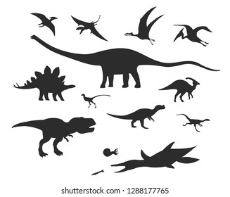 Set of silhouettes of different dinosaurs, land, underwater, flying