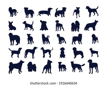 Set of silhouettes of different dog breeds. Black and white vector illustration