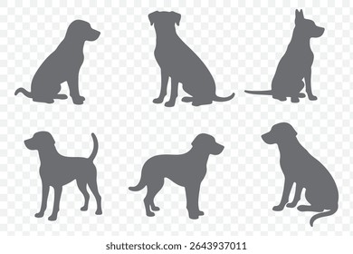 Set of silhouettes of different dog breeds. Black and white vector illustration on Transparent Background. EPS 10.