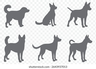 Set of silhouettes of different dog breeds. Black and white vector illustration on Transparent Background. EPS 10.