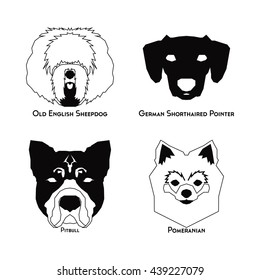 Set of silhouettes of different dog breeds on a white background