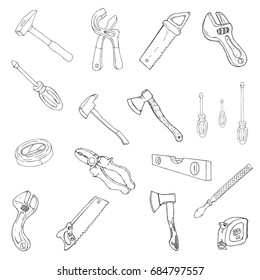 A set of silhouettes of different hand tools. Vector illustration.