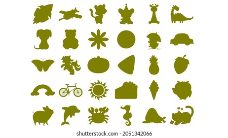 Set of Silhouettes of different icons and logos, animals, and various items isolated on white background