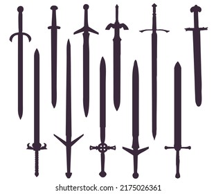 A Set Of Silhouettes Of Different Knight's Swords (11 Pieces)