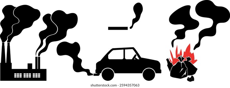 Set of silhouettes of different man-made sources of air pollution. Illustrations for ecology classes with children. Man-made and natural sources of carbon dioxide