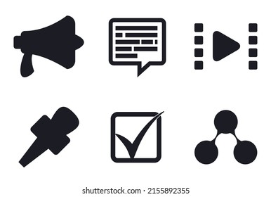 Set of silhouettes with different media to share news: megaphone, microphone, share symbol, square check, speech bubble and video icon.