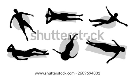 Set of silhouettes of different people floating in the water, men, women, children on inflatable rings, mattress, trunk. Vector flat illustration elevated view isolated on white background