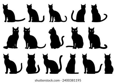 Set of silhouettes of different poses of cats, isolated on a white background, vector illustration