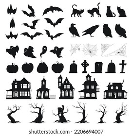 Set of silhouettes of different scary icons for Halloween. Background for Halloween decoration. Vector illustration