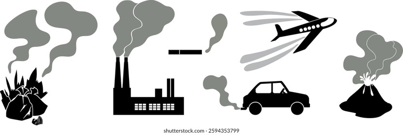 Set of silhouettes of different sources of air pollution. Illustrations for ecology classes with children. Man-made and natural sources of carbon dioxide