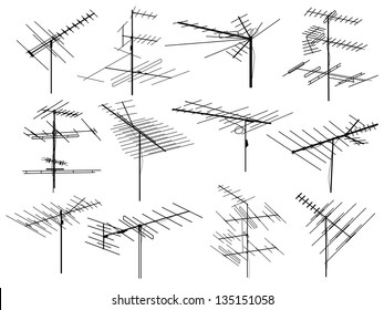 Set Of Silhouettes Of Different Television Aerials (antenna).