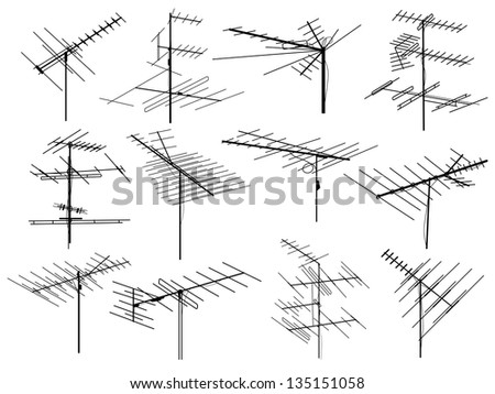 Set of silhouettes of different television aerials (antenna).