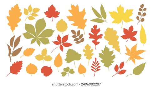 Set of silhouettes of different tree leaves, oak, maple, chestnut. Simple, yellow, red, orange fall leaves for pattern, banner, sticker, Hallo autumn card. Flat vector illustration on white background