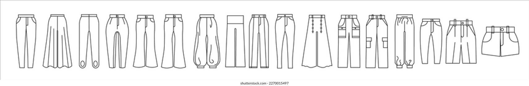 Conjunto de siluetas de diferentes tipos de pantstrouser y shorts.