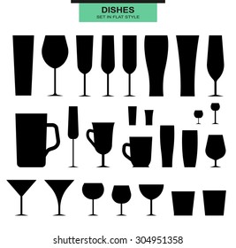 Set of silhouettes of different utensils glass, glass, mug, pitcher.