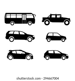 A set of silhouettes of different vehicles. Black silhouettes  automobile.