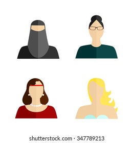 set of silhouettes of  different womans in different costumes.