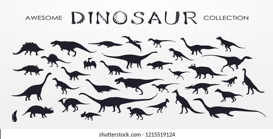 Set, silhouettes, dino skeletons, dinosaurs, fossils. Hand drawn vector illustration. Comparison of sizes, realistic Sketch collection: diplodocus, triceratops, tyrannosaurus, doodle pattern...