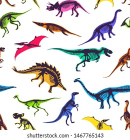 Set of silhouettes, dino skeletons, dinosaurs, fossils. Hand drawn vector illustration. Dinosaurs in realistic Sketch collection: triceratops, tyrannosaurus, doodle pattern