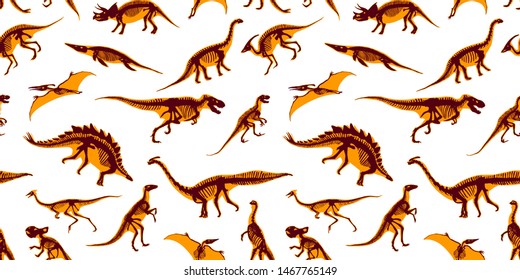 Set of silhouettes, dino skeletons, dinosaurs, fossils. Hand drawn vector illustration. Dinosaurs in realistic Sketch collection: triceratops, tyrannosaurus, doodle pattern