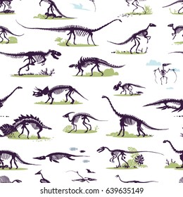 Set, silhouettes, dino skeletons, dinosaurs, fossils. Hand drawn vector illustration. Comparison of sizes, realistic Sketch collection: diplodocus, triceratops, tyrannosaurus, seamless doodle pattern.