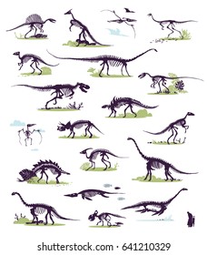 Set, Silhouetten, Dinoskelette, Dinosaurier, Fossilien. Handgezeichnete Vektorgrafik. Vergleich der Größen, realistische Skizzensammlung: Diplodocus, Triceratops, Tyrannosaurus, doodle Muster...