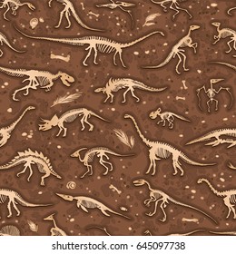 Set, silhouettes, dino skeletons, dinosaurs, fossils. Hand drawn vector illustration. Seamless pattern, realistic Sketch collection of bones: diplodocus, triceratops, tyrannosaurus, doodle pattern...