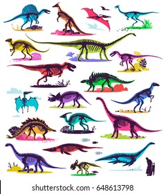 Set, Silhouetten, Dinoskelette, Dinosaurier, Fossilien. Handgezeichnete Vektorgrafik. Vergleich der Größen, realistische Skizzensammlung: Diplodocus, Triceratops, Tyrannosaurus, Doodle-Muster.