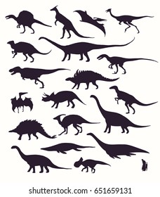 Set, silhouettes, dino skeletons, dinosaurs, fossils. Hand drawn vector illustration. Comparison of sizes, realistic Sketch collection: diplodocus, triceratops, tyrannosaurus, doodle pattern...