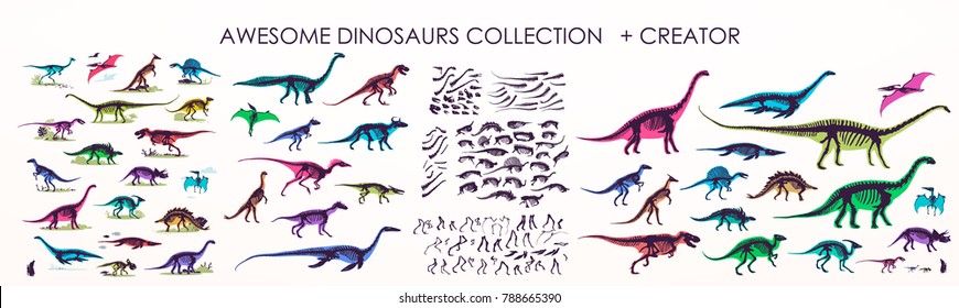 Set of silhouettes, dino skeletons, dinosaurs, fossils. Hand drawn vector illustration. Comparison of sizes, realistic Sketch collection: diplodocus, triceratops, tyrannosaurus, doodle pattern.