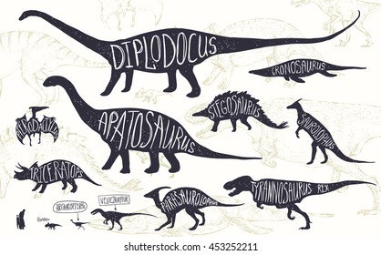 Download Set Silhouettes Dinosaurs Fossils Hand Drawn Stock Vector Royalty Free 453252211