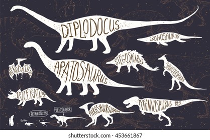 Set of silhouettes of dinosaurs and fossils. Hand drawn vector illustration with decorative lettering of dinosaurs names. Man and children, comparison of realistic size, separated elements.