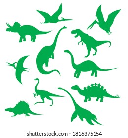 Set of silhouettes of dinosaurs, green on a white background, vector illustration